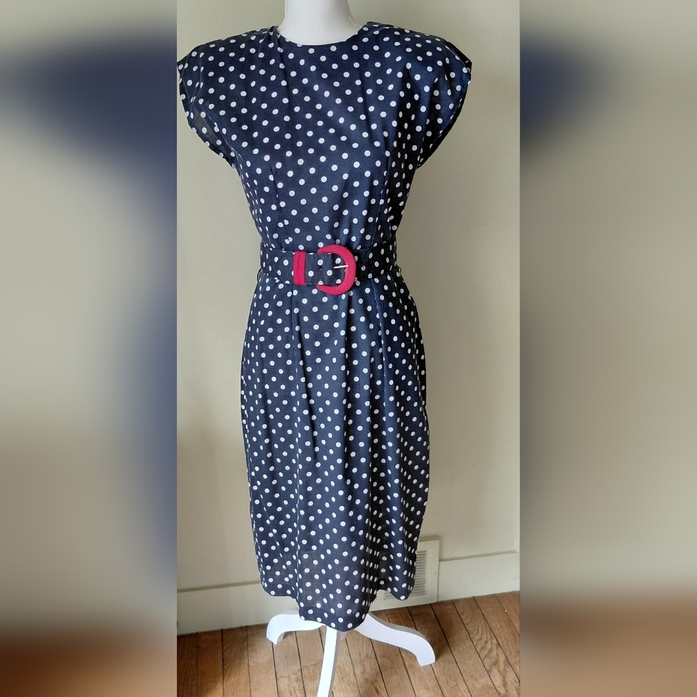 80s Avon Fashions Polka Dot Midi Dress with Belt Navy Blue Red White Cap Sleeve